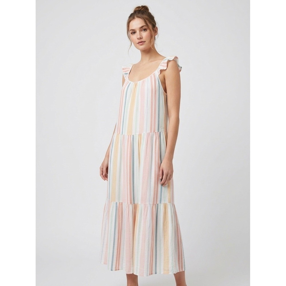 Rails Capri Tiered Midi Dress Melon Stripe Ruffle Strap Rayon Linen Small